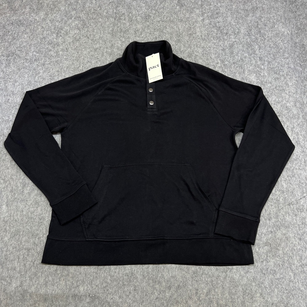 Pact Sweatshirt Mens L Black Henley Organic Cotton Mock Neck Snap Button Preppy